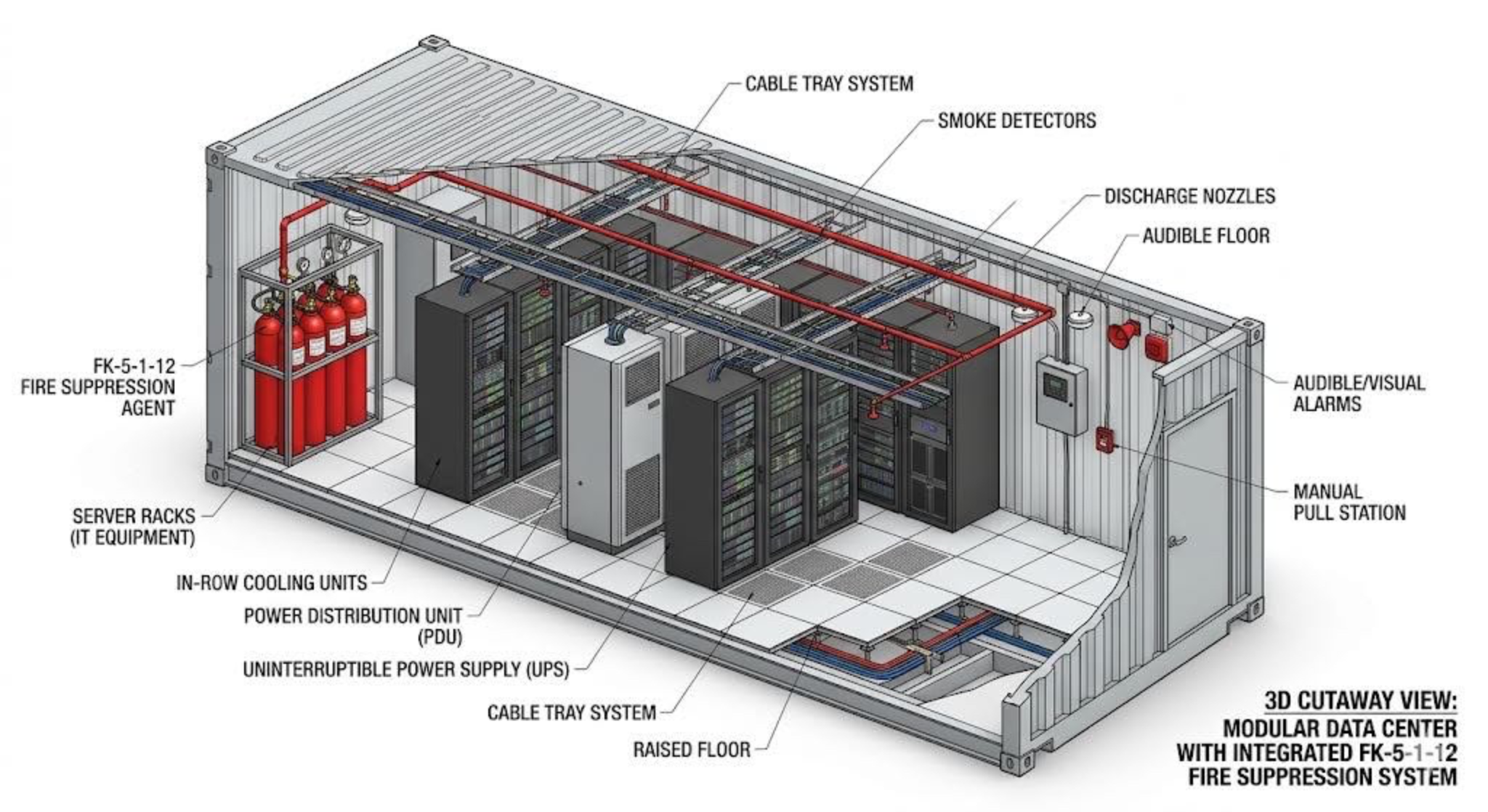3D cutaway view of a modular data center with integrated FK-5-1-12 fire suppression system, showing smoke detectors, cable tray system, discharge nozzles, server racks, and manual pull station.